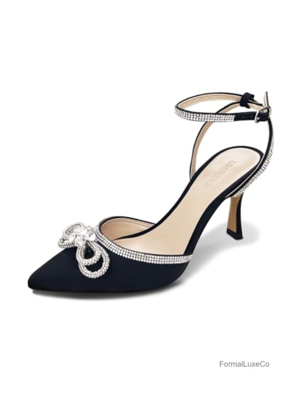 Rhinestone Bow Kitten Heel Slingback Pumps Pointed Toe Ankle Strap Formal